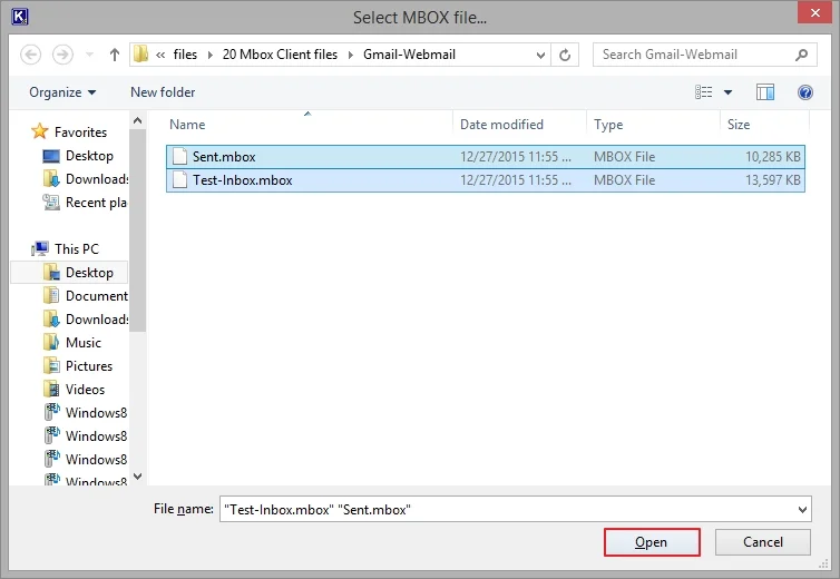 select mbox files then click open