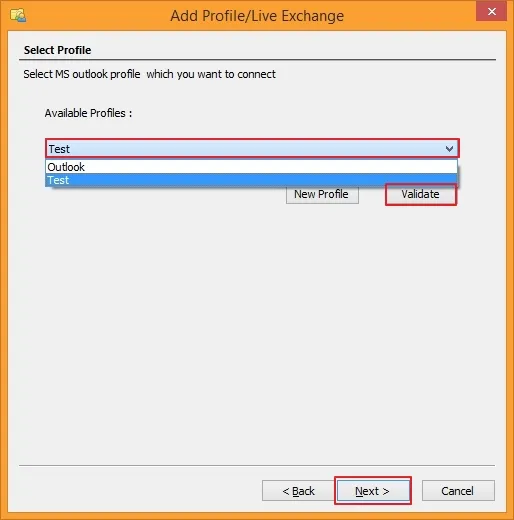 Select from the available Outlook Profiles 