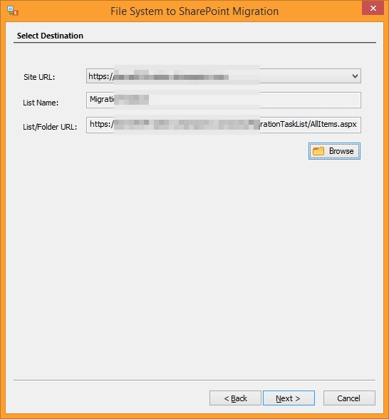 Click Browse to select destination and enter required details