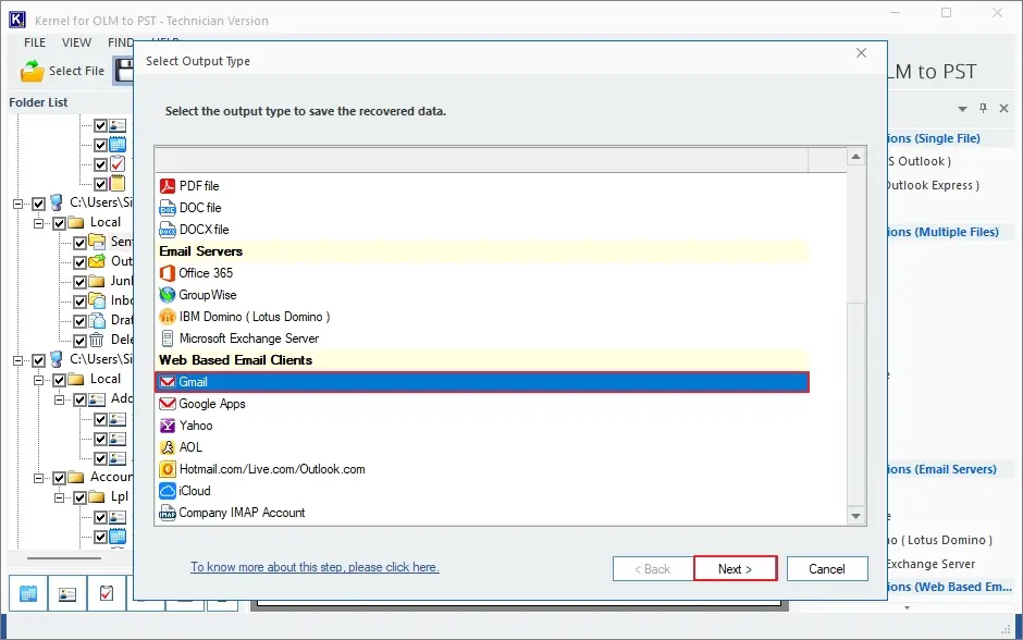 select gmail option and click next