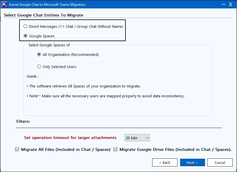 select google chat entries to migrate 