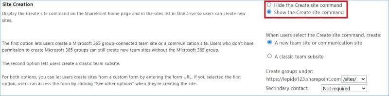 choose either Hide the Create site command or Show the Create site command