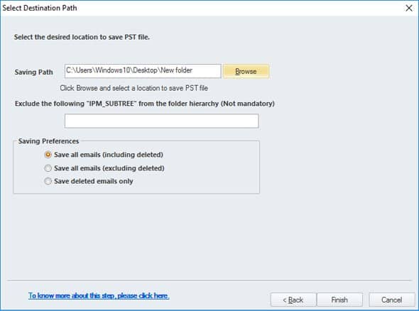 choose the file destination and save the PST file