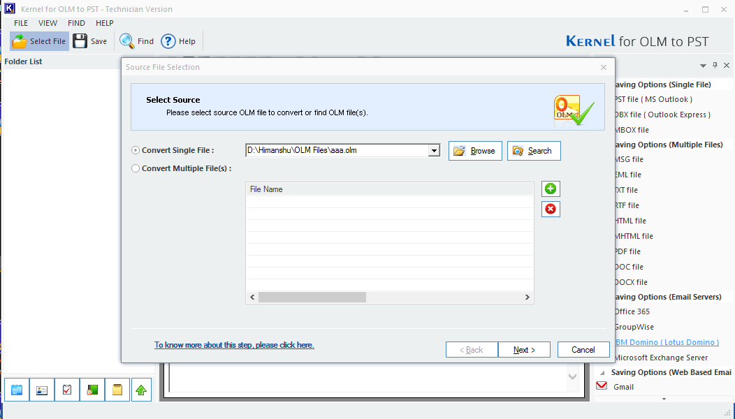 Launch OLM to PST converter tool