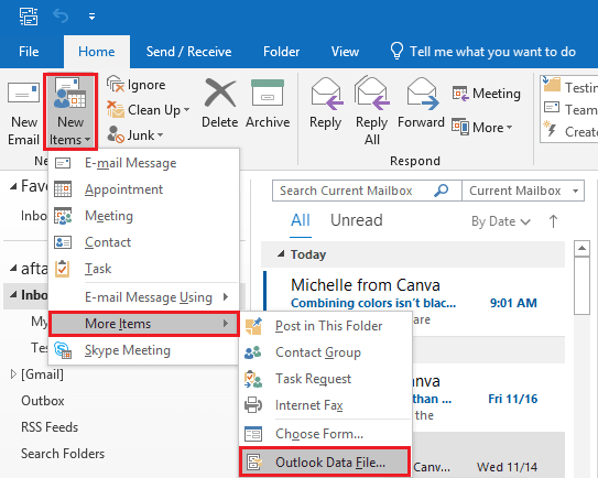 follow New Items>>More Items>>Outlook Data File