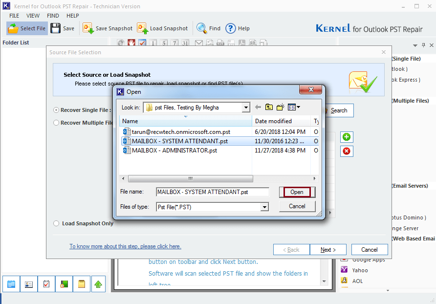 select the PST file and click on Open