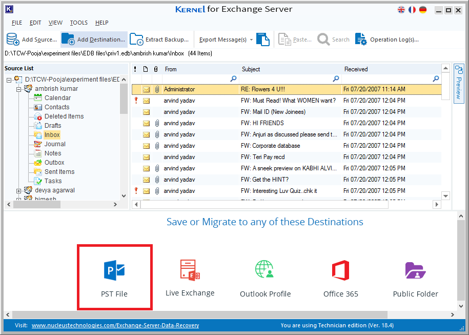 select PST file option as destination to save the converted EDB file