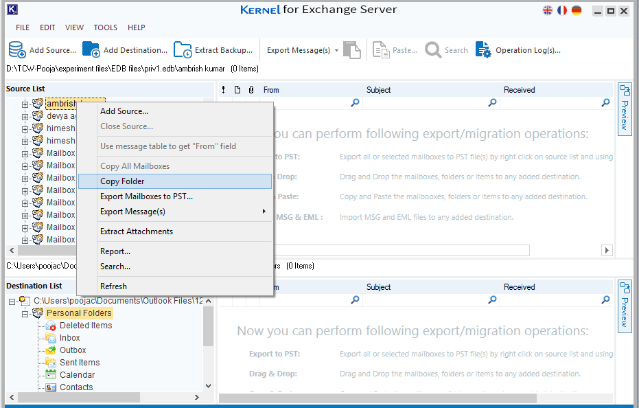 Copy the desired mailbox folder by right clicking on it as shown in screenshot
