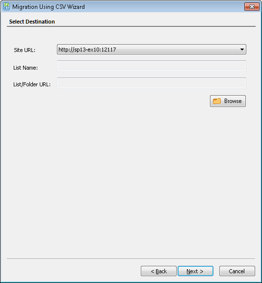click the Browse button to choose the destination list, library, or folder