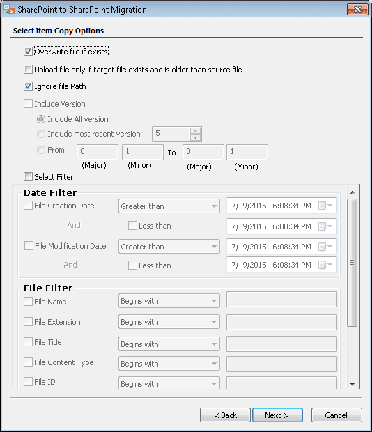 Apply the filters that you want to use for the migration and click Next