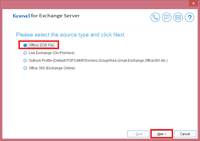 Select a source file as Offline EDB file and click next