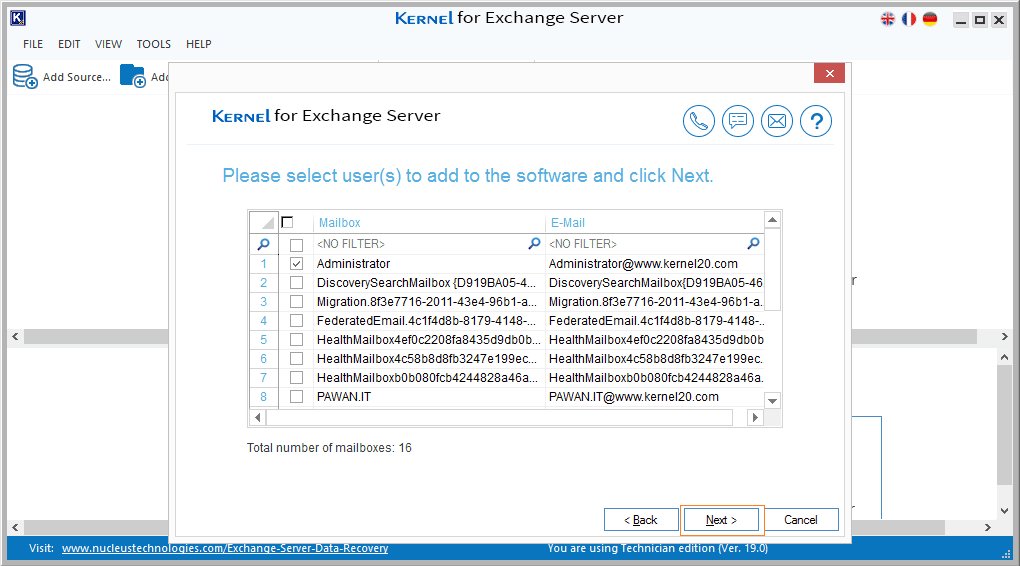 Select mailboxes for the recovery