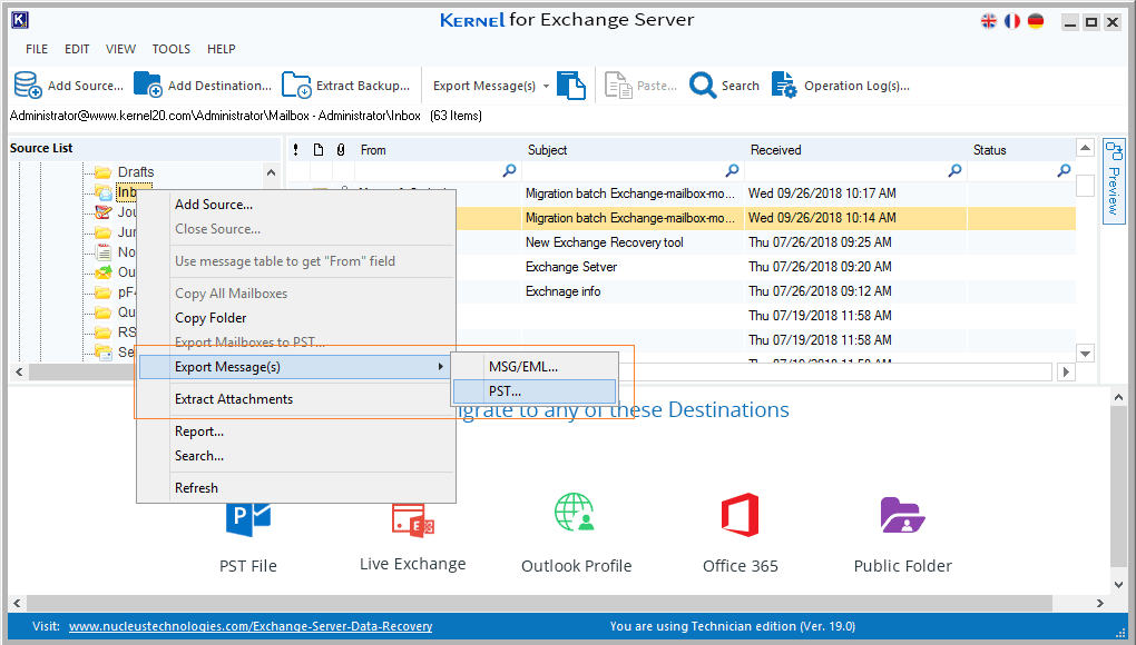 Select the desired option for export