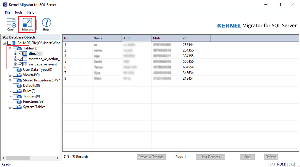 Select database file objects and click on the Migrate