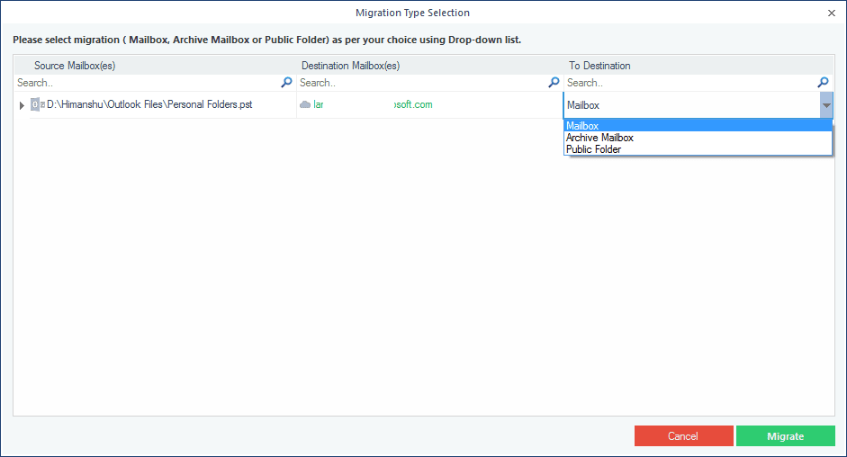  select Mailbox in the destination drop-down menu and click Migrate