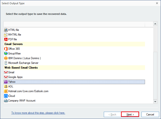 select Yahoo mail and click Next