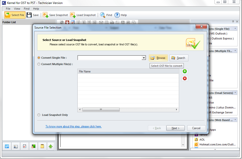 Select File option to open the Source File Selection page