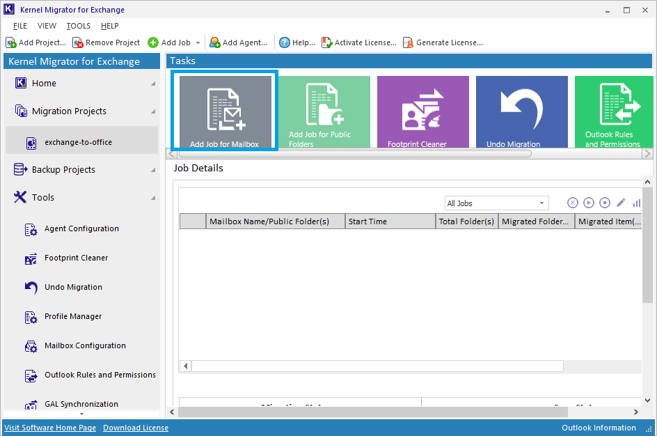 Select the Add Job for Mailbox option to migrate Exchange mailboxes
