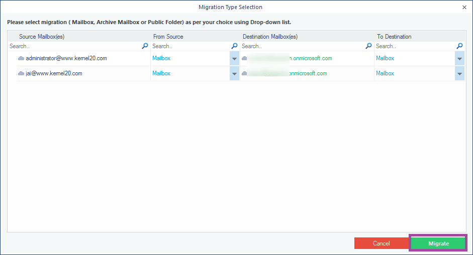 Click Migrate option to continue
