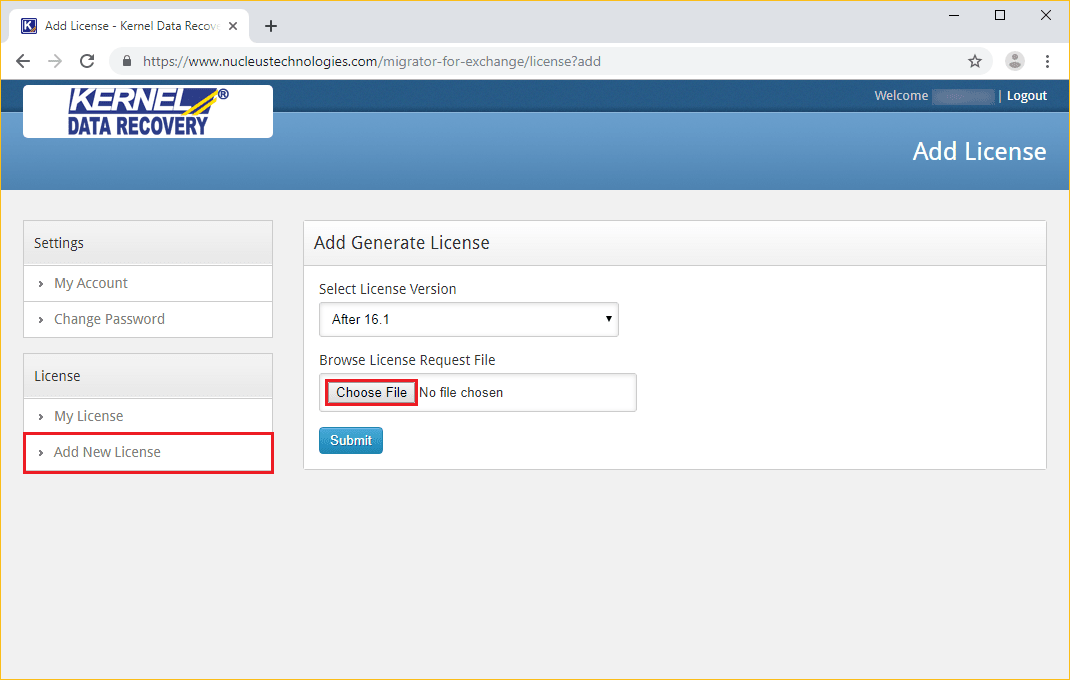 Click the ‘Choose file’ button to select the license request file