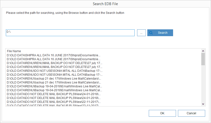 Search feature to find the EDB files on your system