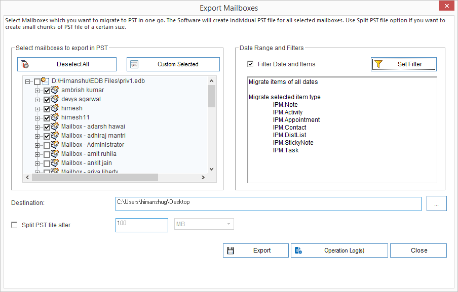 Select a saving location for the PST files, and then click Export