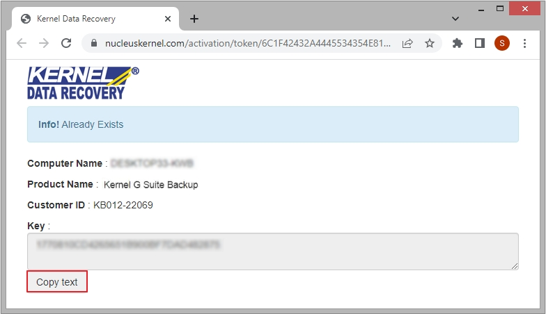 Copy the Key that is shown in the textbox by pressing Copy text button