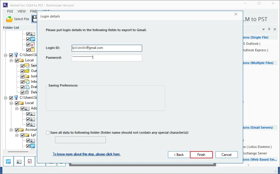 enter your login details and click on finish