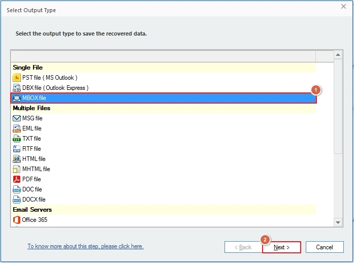 select MBOX and click next