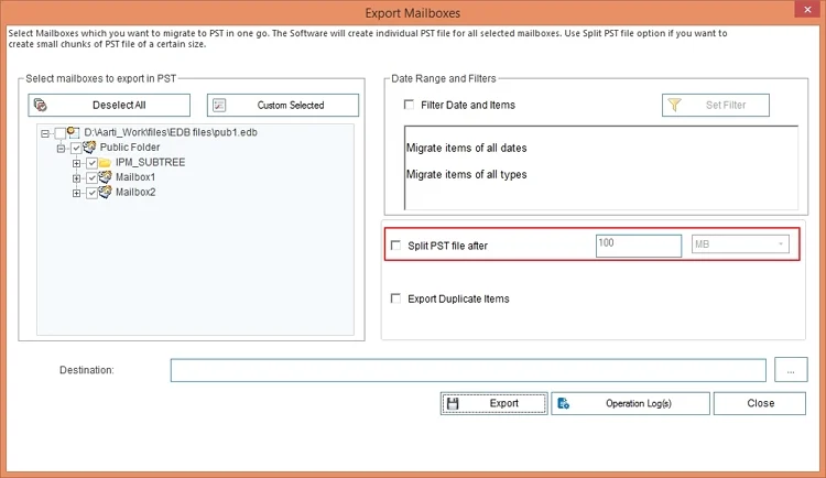 Split pst file filter