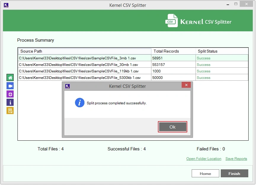 CSV file splitting process