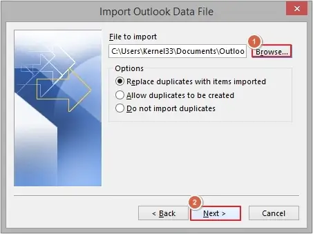 Click Browse to add PST file