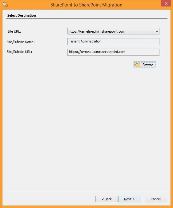 Now use the Site URL dropdown and choose the destination site.