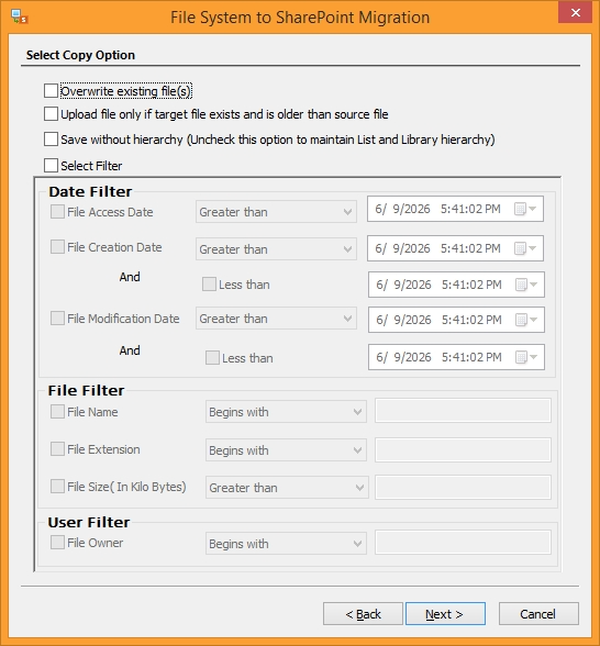 Apply filters to upload specific documents and click Next
