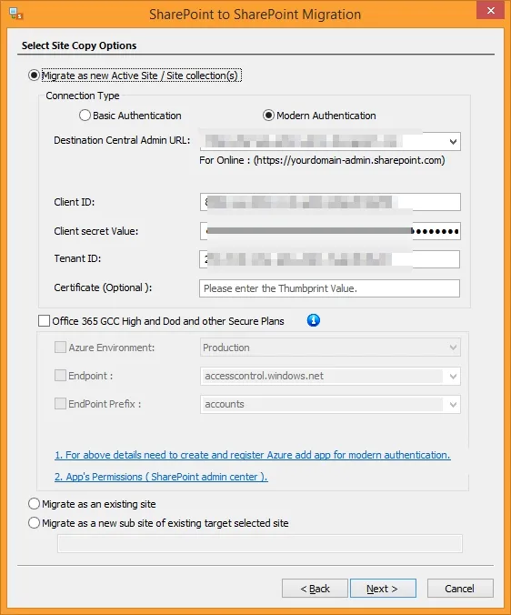 Select Site copy options