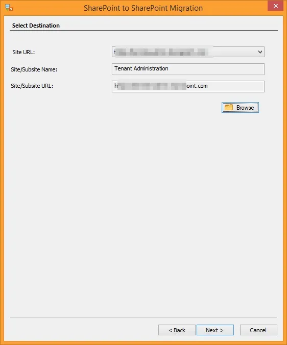Select destination site from the tenant