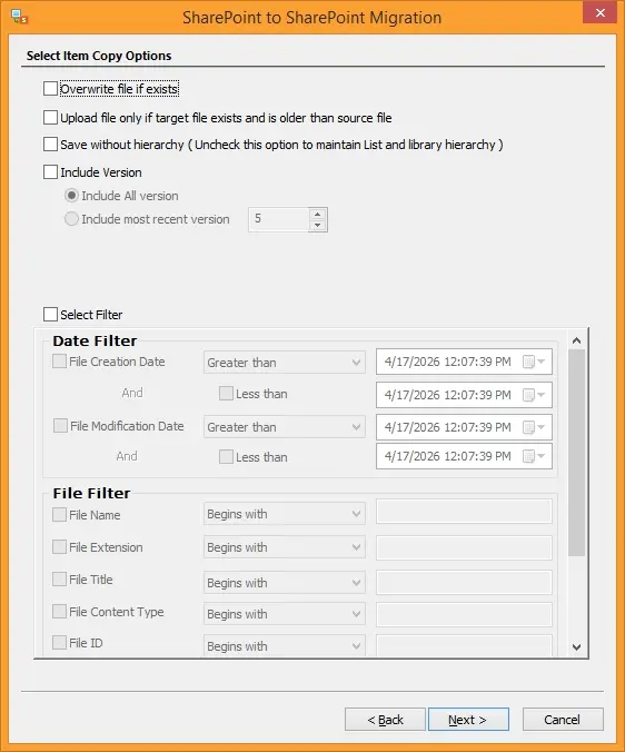 Customize the data transfer by applying filters