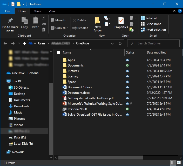 shows data stored on the OneDrive
