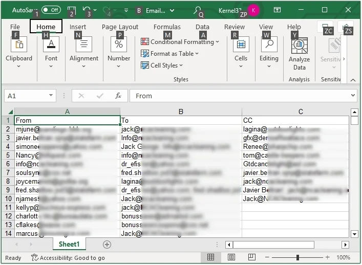 email addresses are saved in an excel sheet