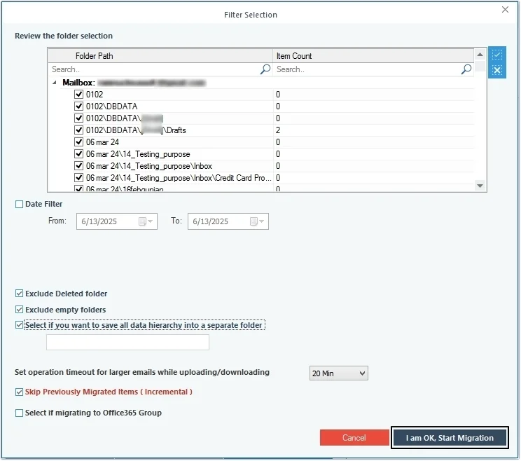 Apply filters and click I am Ok start migration