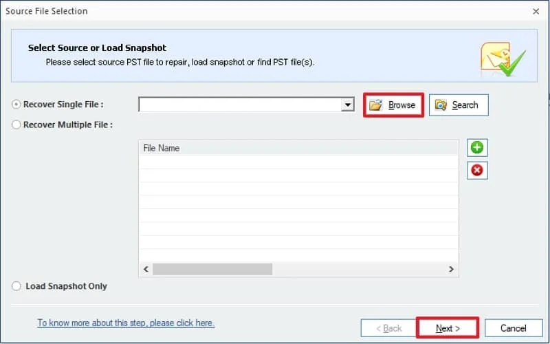 Click on Browse choose your corrupt PST file from local storage and click Next