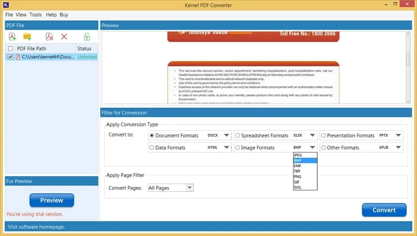 apply filter for page conversion