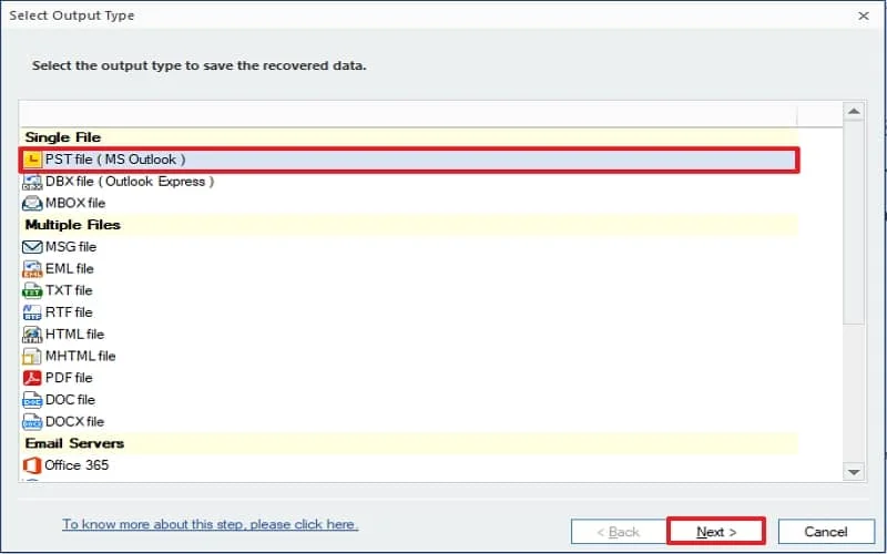 Choose the file format from the list where you want to store your healthy PST data and click