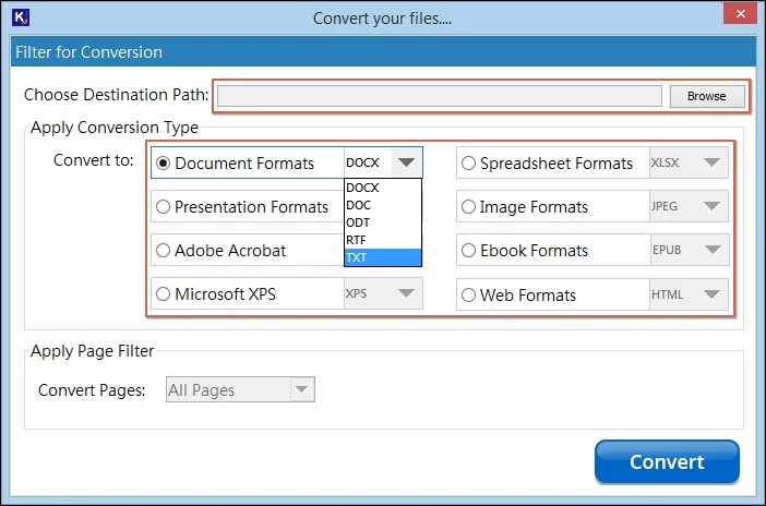 Browse a destination path and choose TXT