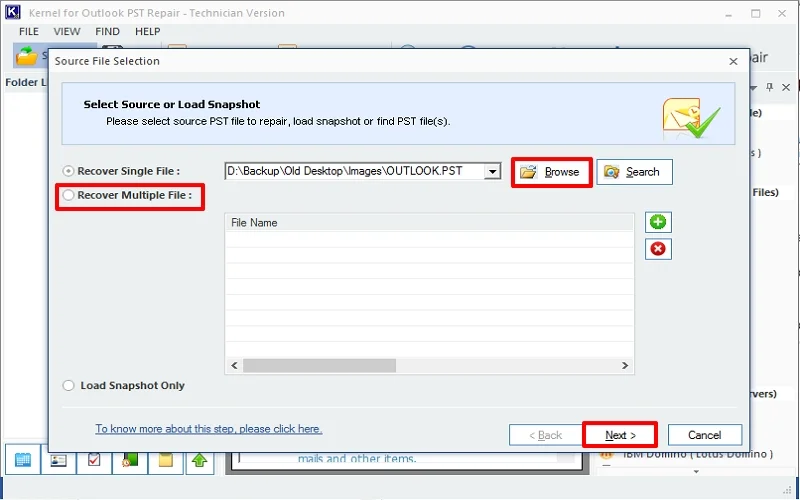 browse and select your PST file