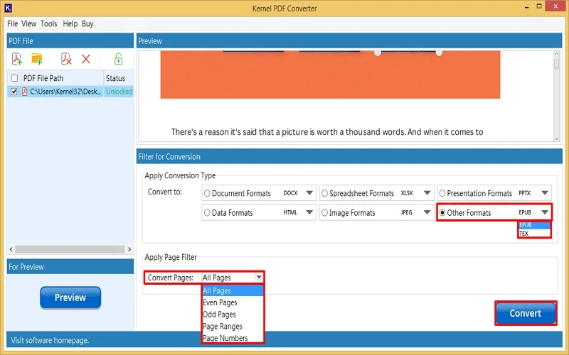 in filter option select epub format