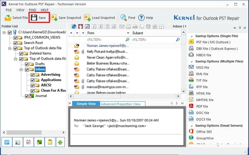 Preview and click on the Save button to save the repaired PST files