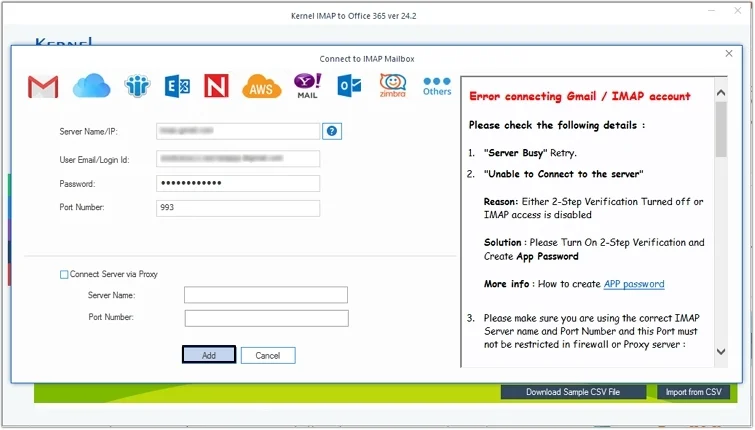 Enter Dovecot login details and click Add