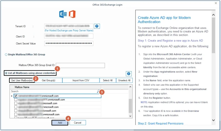 Enter Office 365 details then click list all mailbox