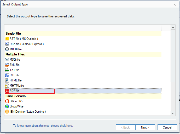 Select the output type as PDF File